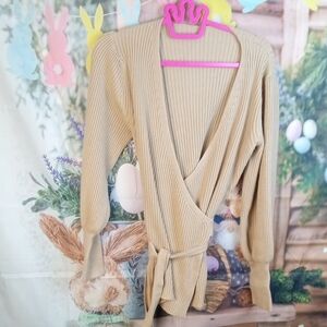 💩 Beige Ribbed Wrap Sweater Cardigan